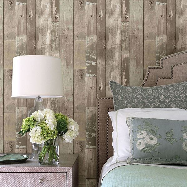 Harbored Neutral Distressed Wood Panel Wallpaper  | Brewster Wallcovering