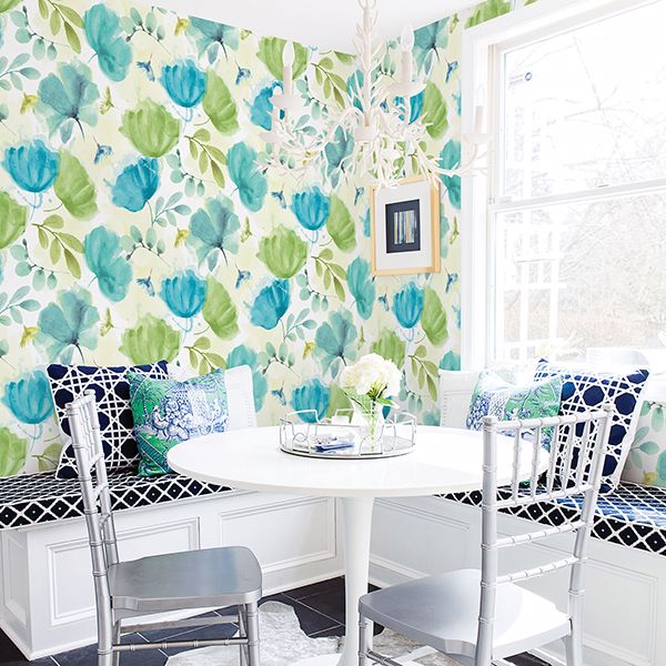 Zahra Turquoise Floral Wallpaper  | Brewster Wallcovering