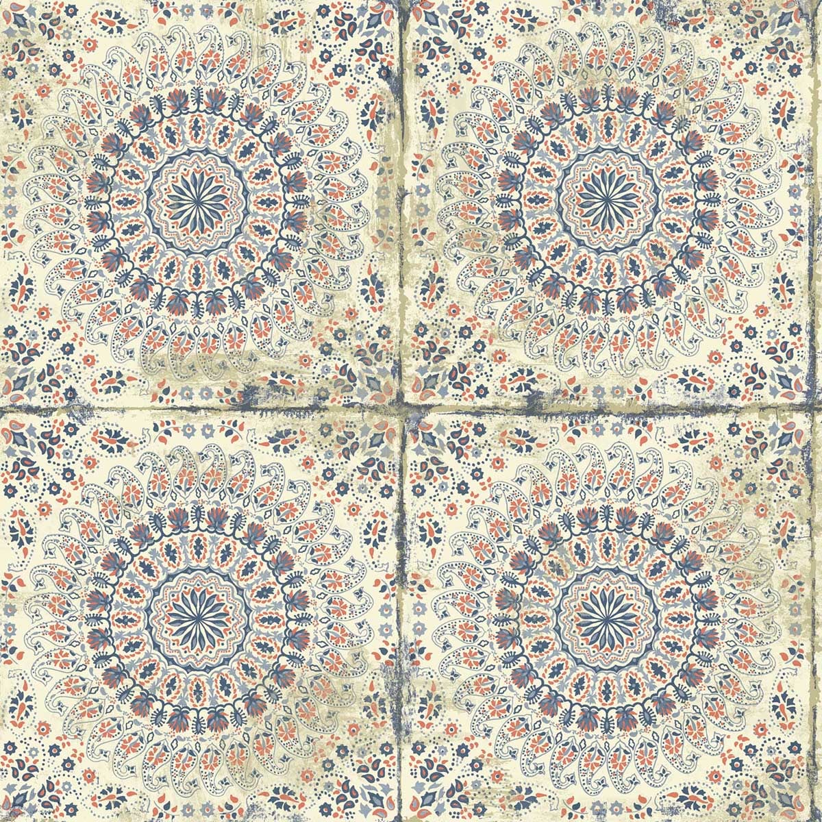 Seabrook Designs RY30706 Boho Rhapsody Mandala Boho Tile  Wallpaper Coral, Cream, and Midnight Blue