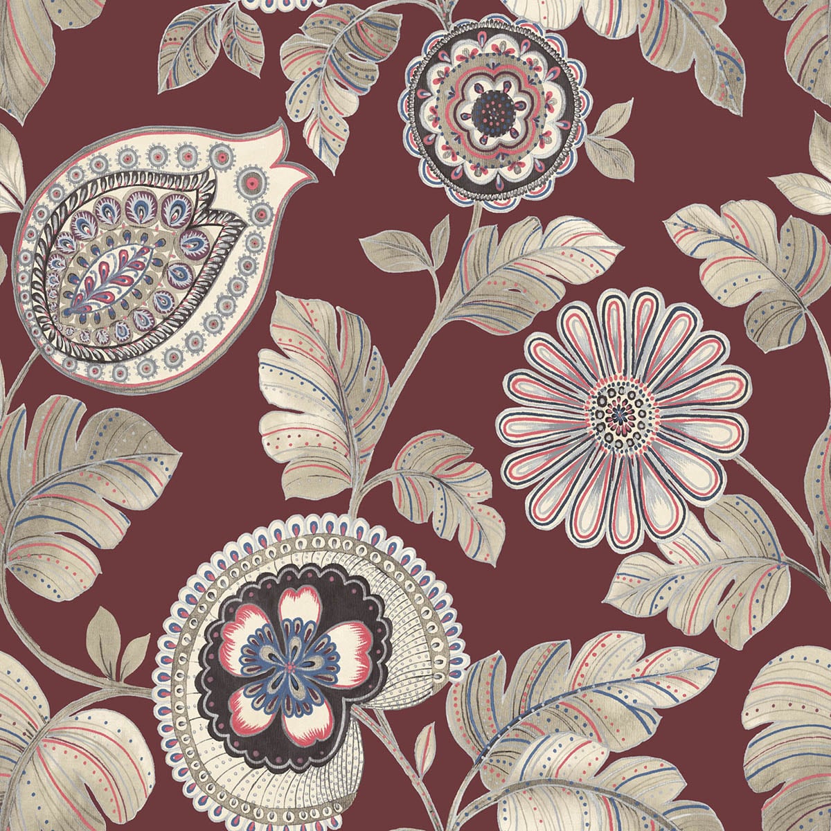 Seabrook Designs RY31201 Boho Rhapsody Calypso Paisley Leaf  Wallpaper Cabernet and Coral