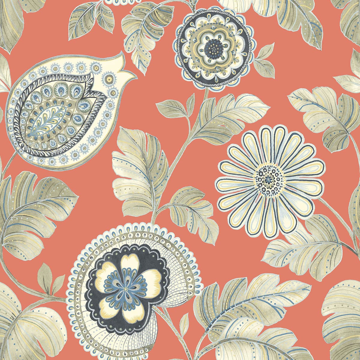 Seabrook Designs RY31206 Boho Rhapsody Calypso Paisley Leaf  Wallpaper Coral and Aloe